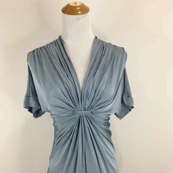 BCBGMAXAZRIA Shiny Stretch Slate Blue Knot Front V Neck Flutter Sleeve Shirt - Picture 5 of 12